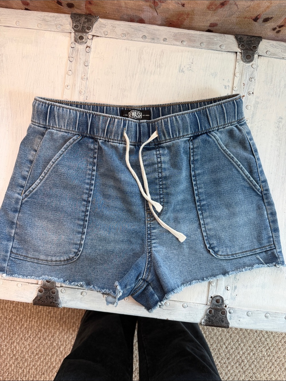 Rewash Blue Denim Drawstring Jean Shorts with Frayed Hem